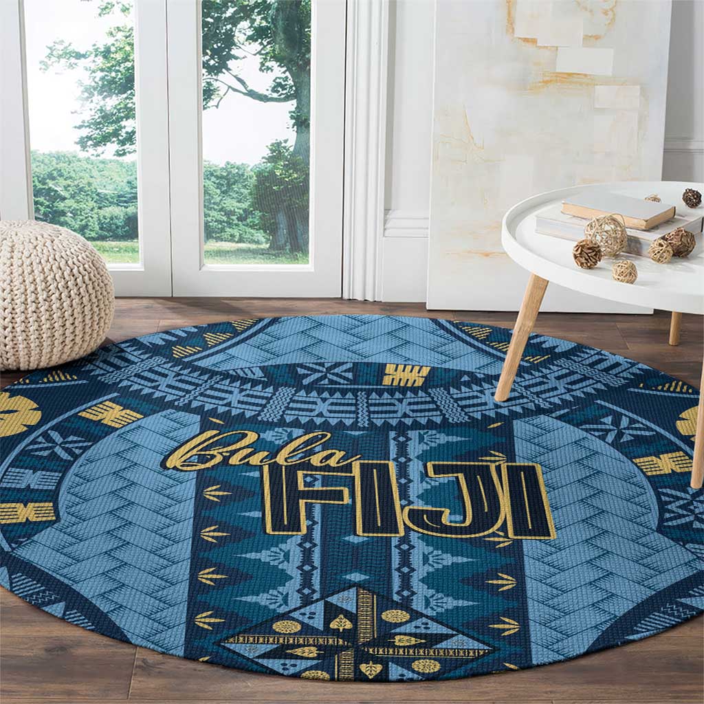 Bula Fiji Vintage Round Carpet Prussian Blue Masi Motifs LT7 - Polynesian Pride