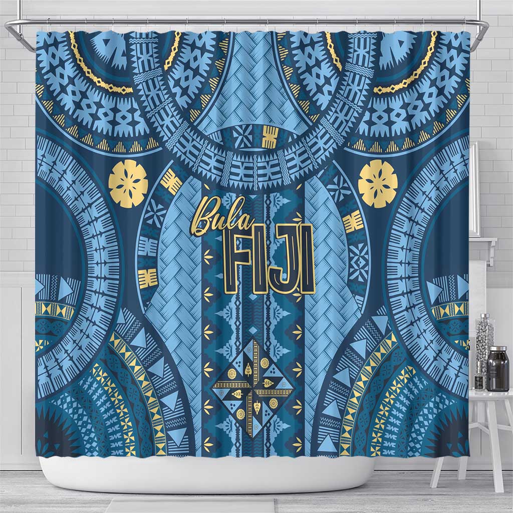 Bula Fiji Vintage Shower Curtain Prussian Blue Masi Motifs LT7 - Polynesian Pride