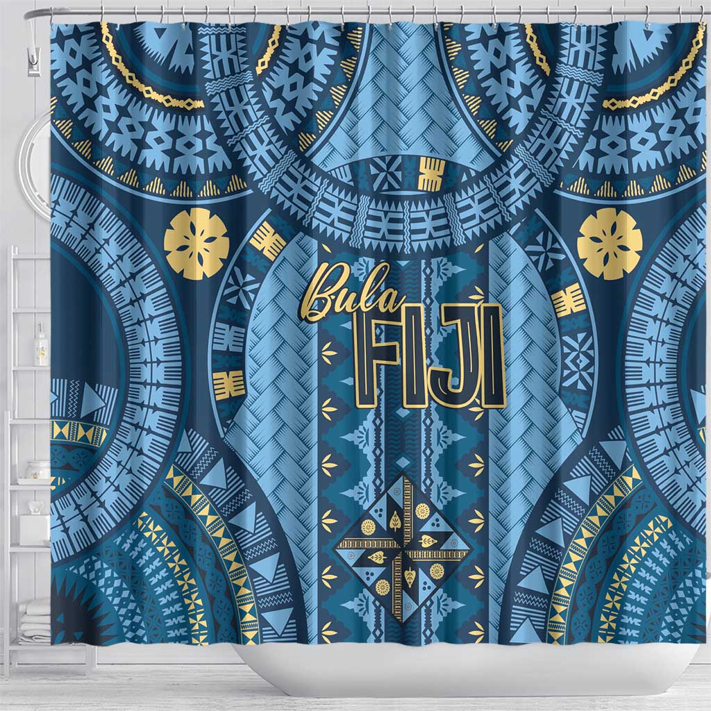 Bula Fiji Vintage Shower Curtain Prussian Blue Masi Motifs LT7 - Polynesian Pride