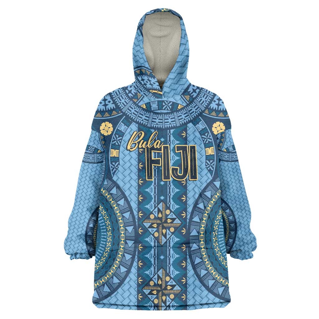 Bula Fiji Vintage Wearable Blanket Hoodie Prussian Blue Masi Motifs LT7 One Size Prussian Blue - Polynesian Pride