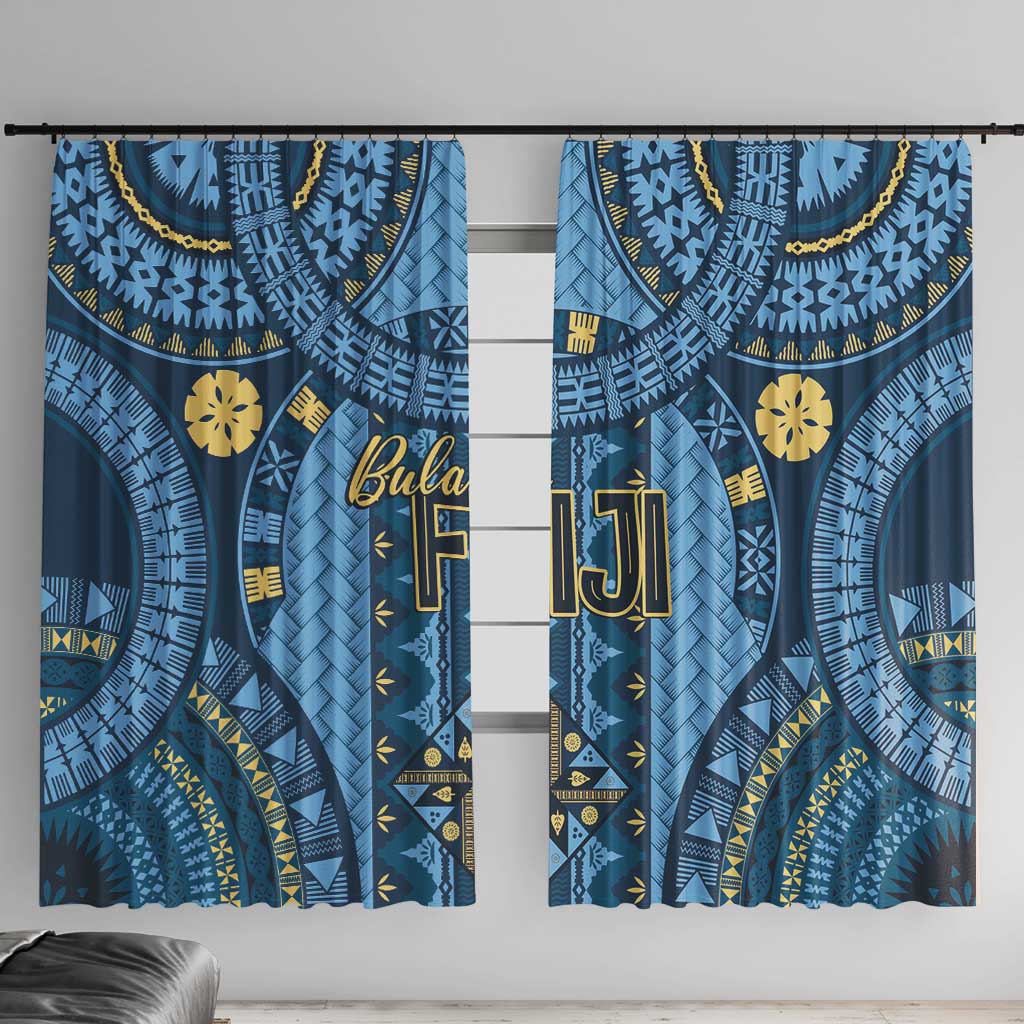 Bula Fiji Vintage Window Curtain Prussian Blue Masi Motifs LT7 With Hooks Prussian Blue - Polynesian Pride