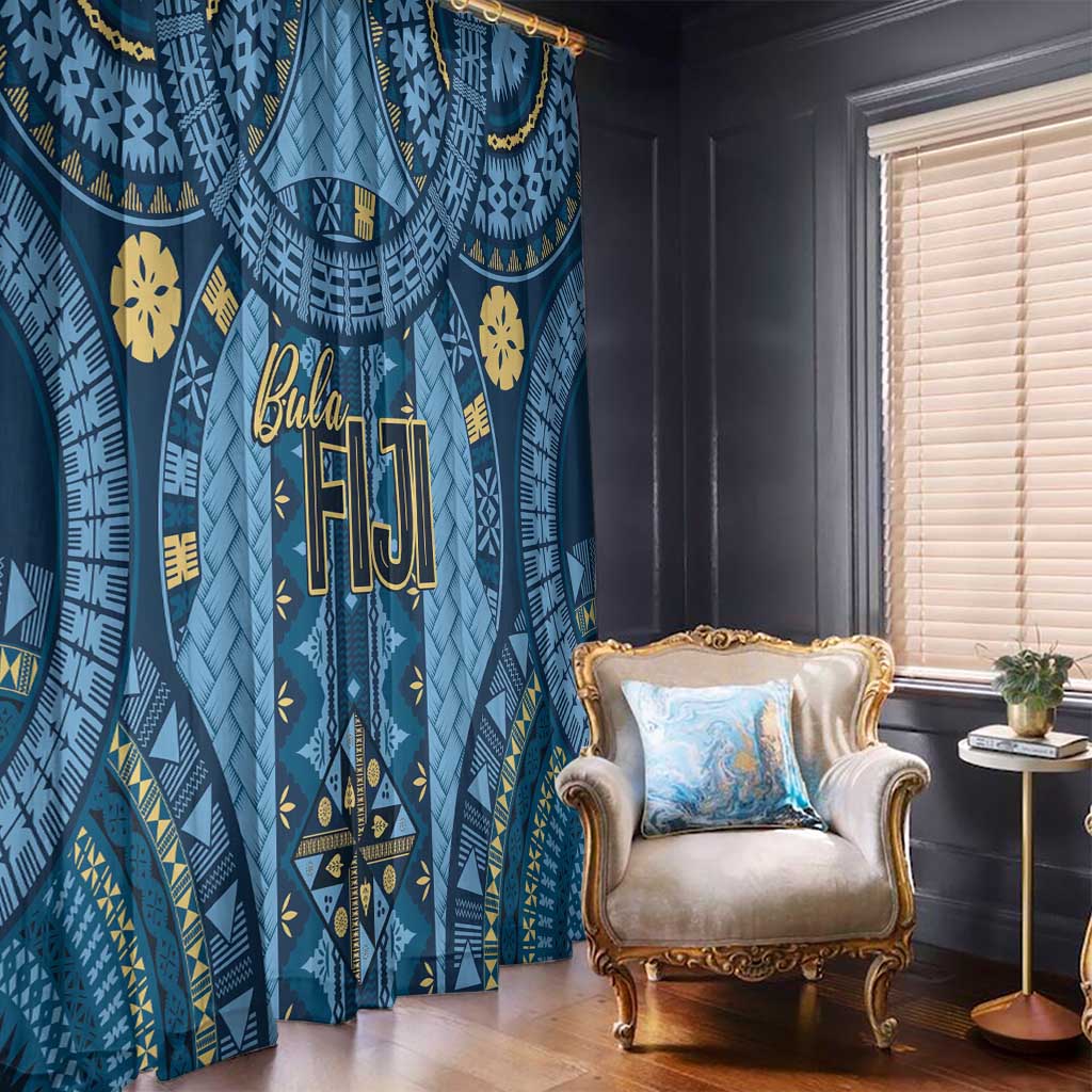Bula Fiji Vintage Window Curtain Prussian Blue Masi Motifs LT7 - Polynesian Pride
