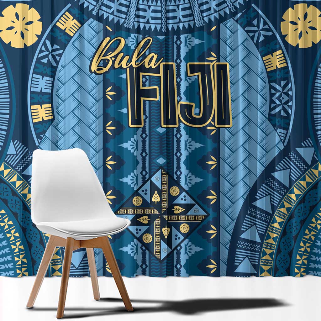 Bula Fiji Vintage Window Curtain Prussian Blue Masi Motifs LT7 - Polynesian Pride