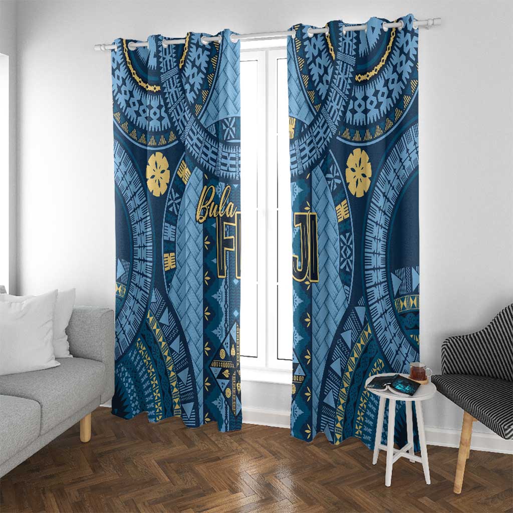 Bula Fiji Vintage Window Curtain Prussian Blue Masi Motifs LT7 With Grommets Prussian Blue - Polynesian Pride