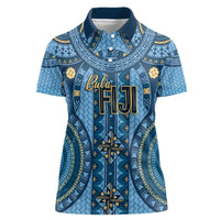 Bula Fiji Vintage Women Polo Shirt Prussian Blue Masi Motifs LT7 Female Prussian Blue - Polynesian Pride