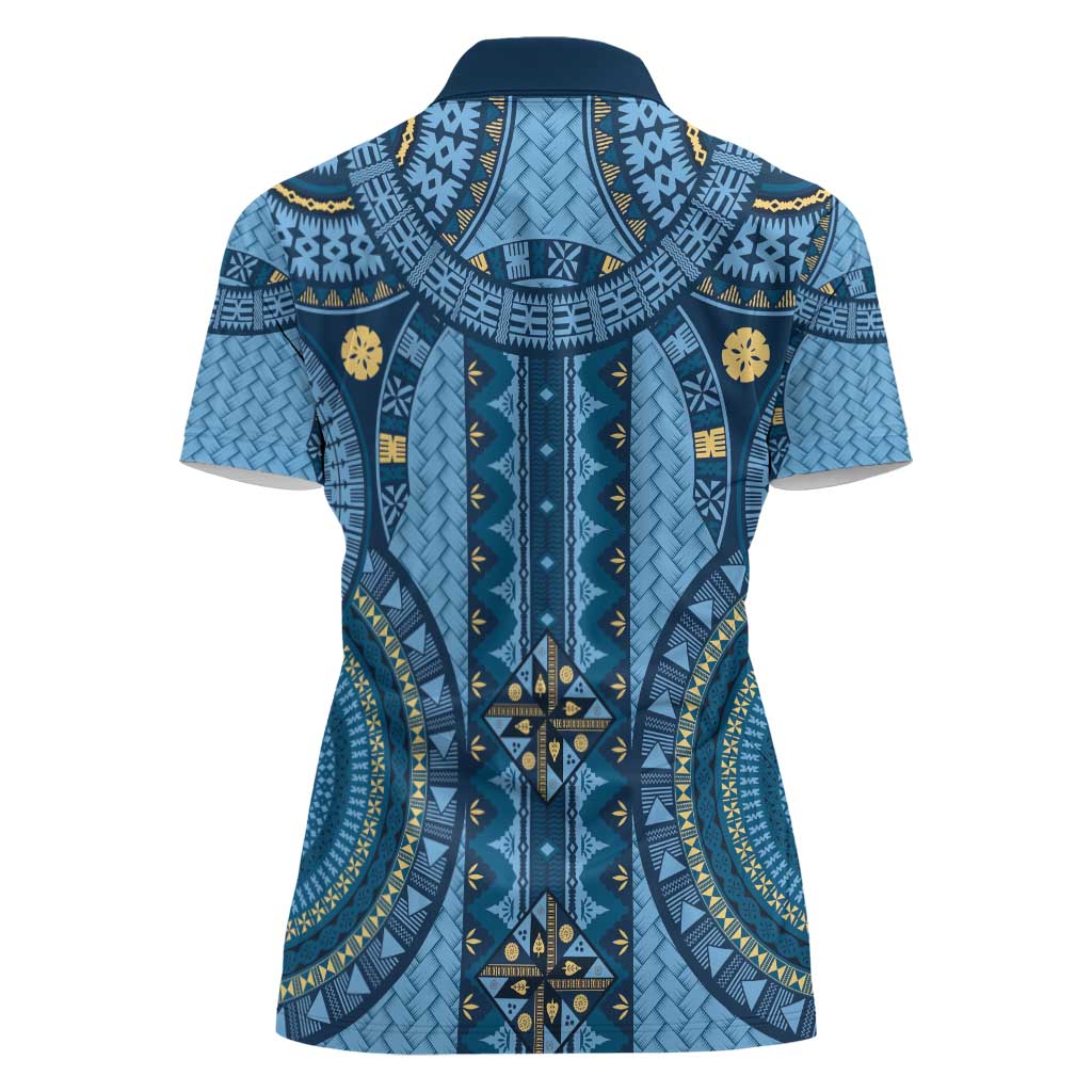 Bula Fiji Vintage Women Polo Shirt Prussian Blue Masi Motifs LT7 - Polynesian Pride