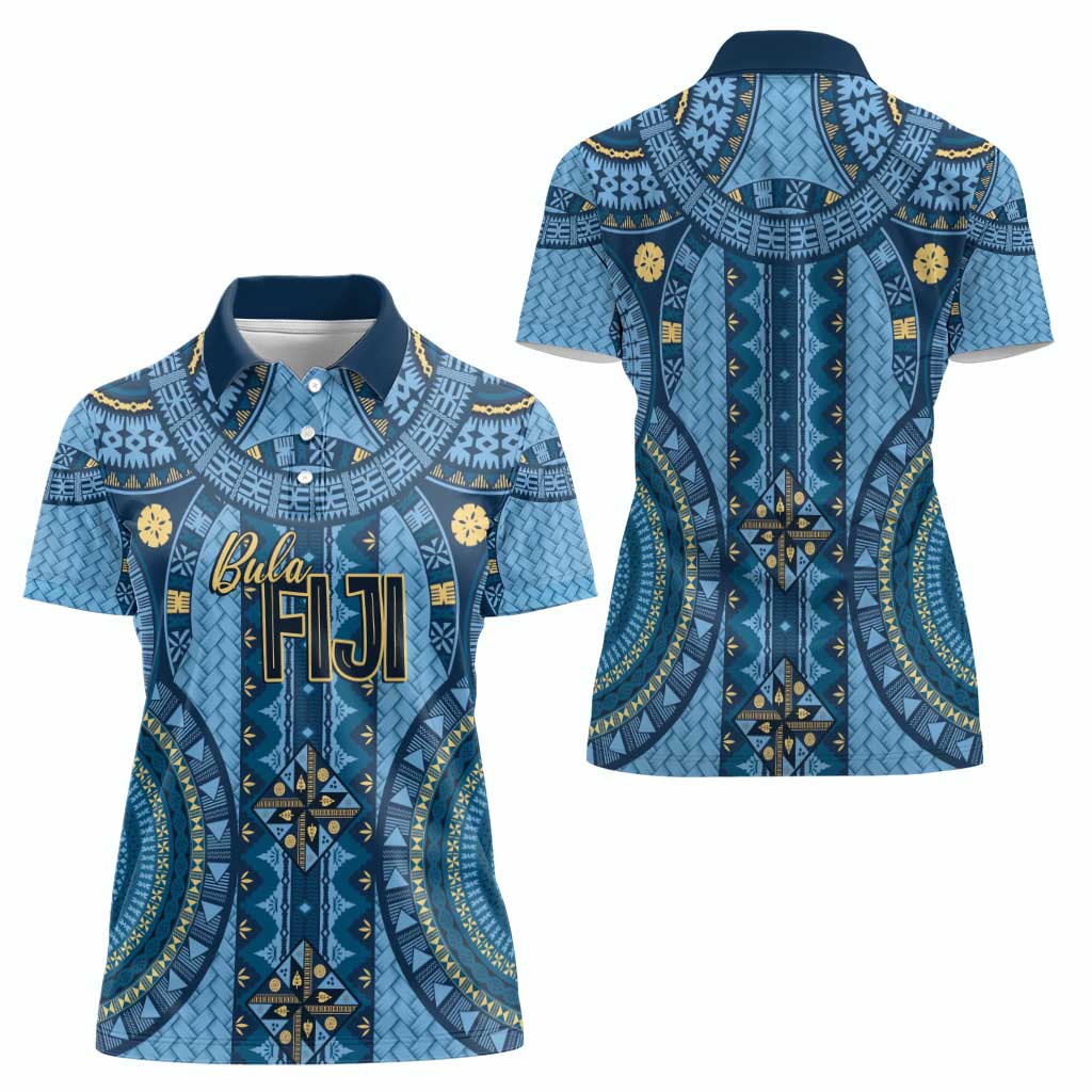 Bula Fiji Vintage Women Polo Shirt Prussian Blue Masi Motifs LT7 - Polynesian Pride