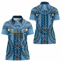 Bula Fiji Vintage Women Polo Shirt Prussian Blue Masi Motifs LT7 - Polynesian Pride