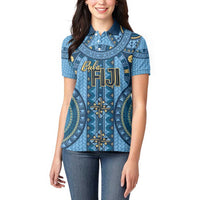 Bula Fiji Vintage Women Polo Shirt Prussian Blue Masi Motifs LT7 - Polynesian Pride