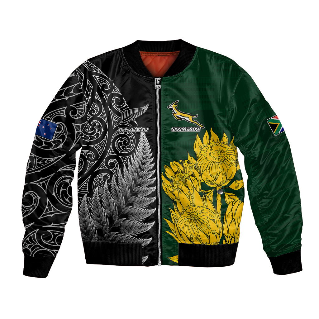 Personalised New Zealand Mix South Africa Rugby Bomber Jacket Protea Vs. Silver Ferns LT7 Unisex Art - Polynesian Pride