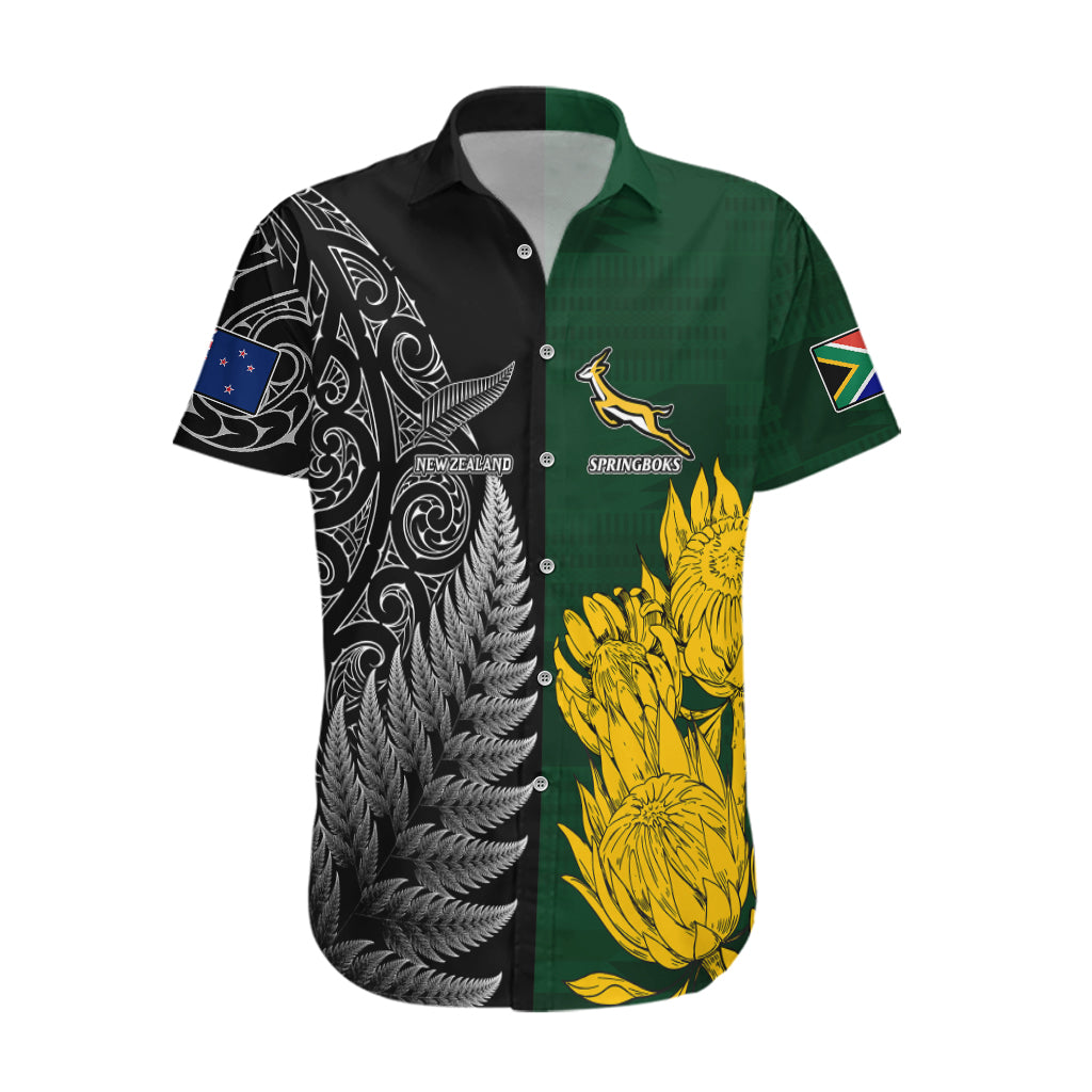 Personalised New Zealand Mix South Africa Rugby Hawaiian Shirt Protea Vs. Silver Ferns LT7 Art - Polynesian Pride