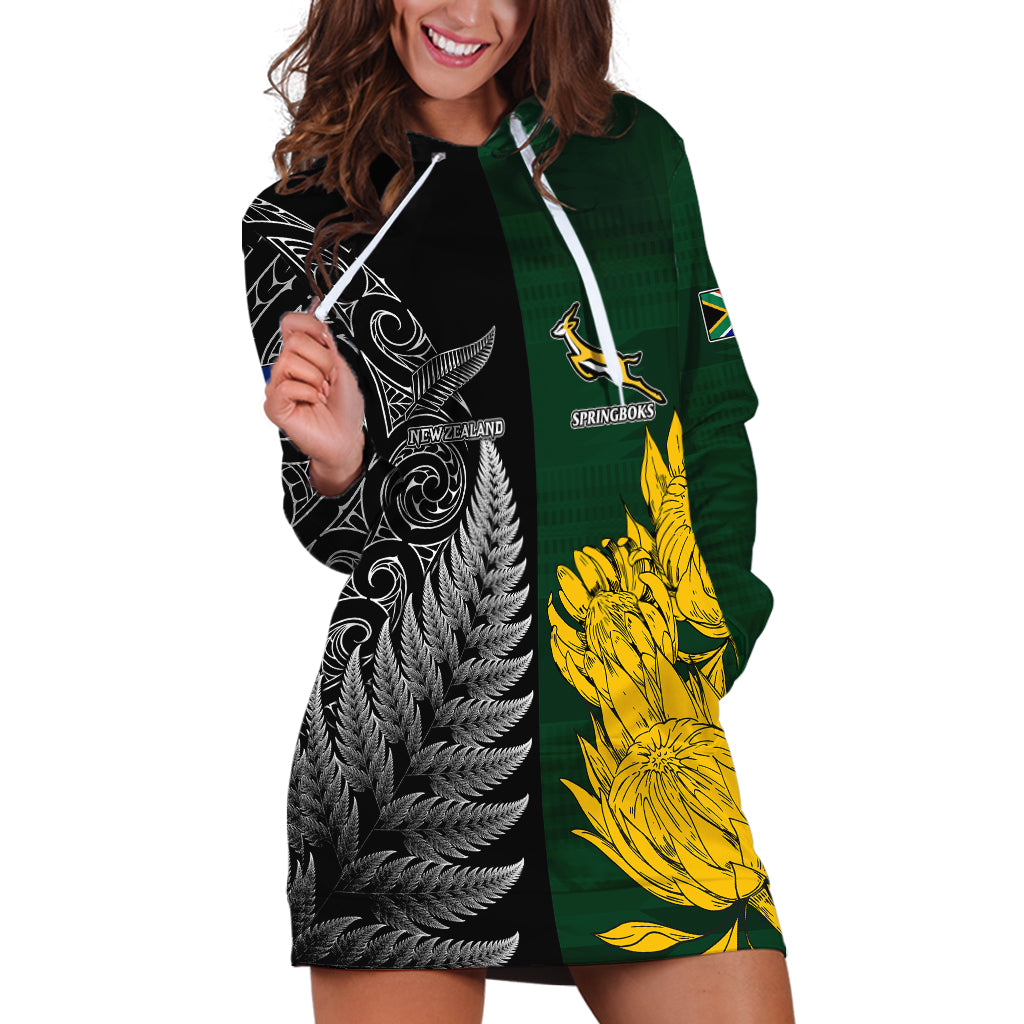 Personalised New Zealand Mix South Africa Rugby Hoodie Dress Protea Vs. Silver Ferns LT7 Art - Polynesian Pride