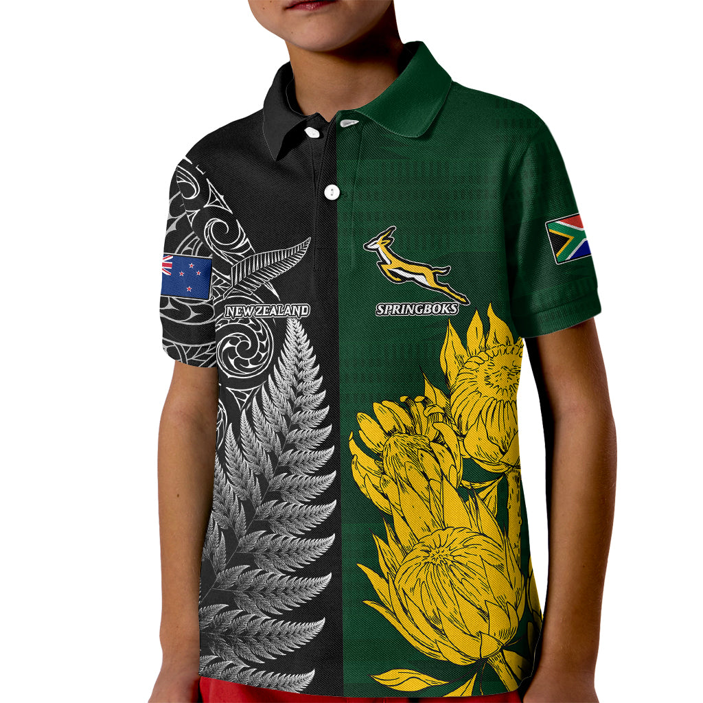 Personalised New Zealand Mix South Africa Rugby Kid Polo Shirt Protea Vs. Silver Ferns LT7 Kid Art - Polynesian Pride