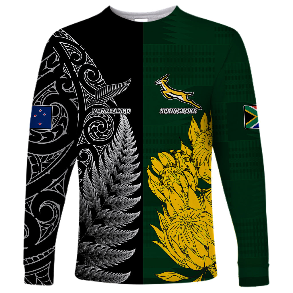 Personalised New Zealand Mix South Africa Rugby Long Sleeve Shirt Protea Vs. Silver Ferns LT7 Unisex Art - Polynesian Pride