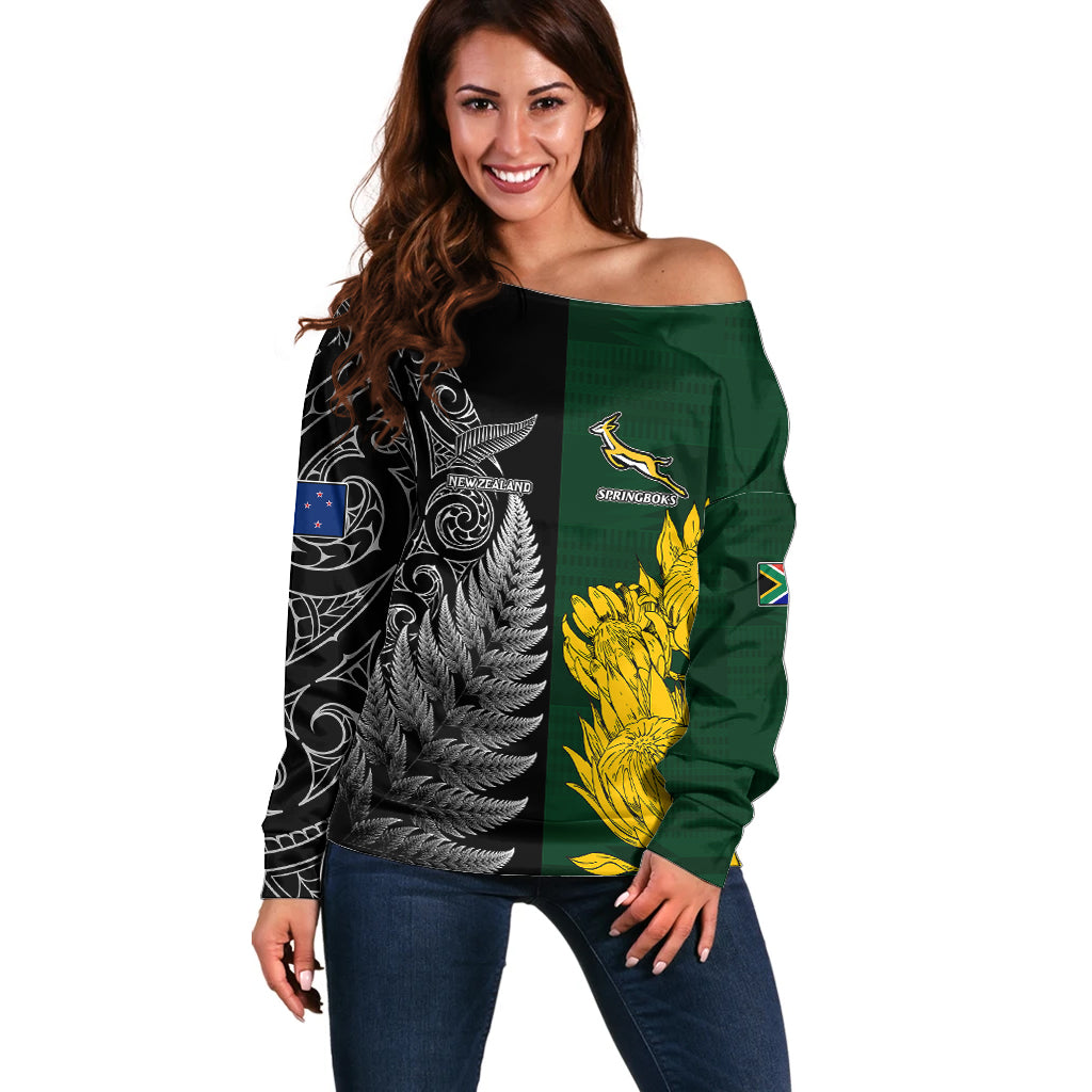 Personalised New Zealand Mix South Africa Rugby Off Shoulder Sweater Protea Vs. Silver Ferns LT7 Women Art - Polynesian Pride