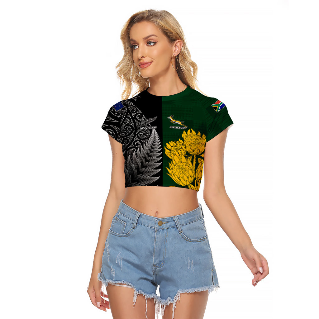 Personalised New Zealand Mix South Africa Rugby Raglan Cropped T Shirt Protea Vs. Silver Ferns LT7 Female Art - Polynesian Pride