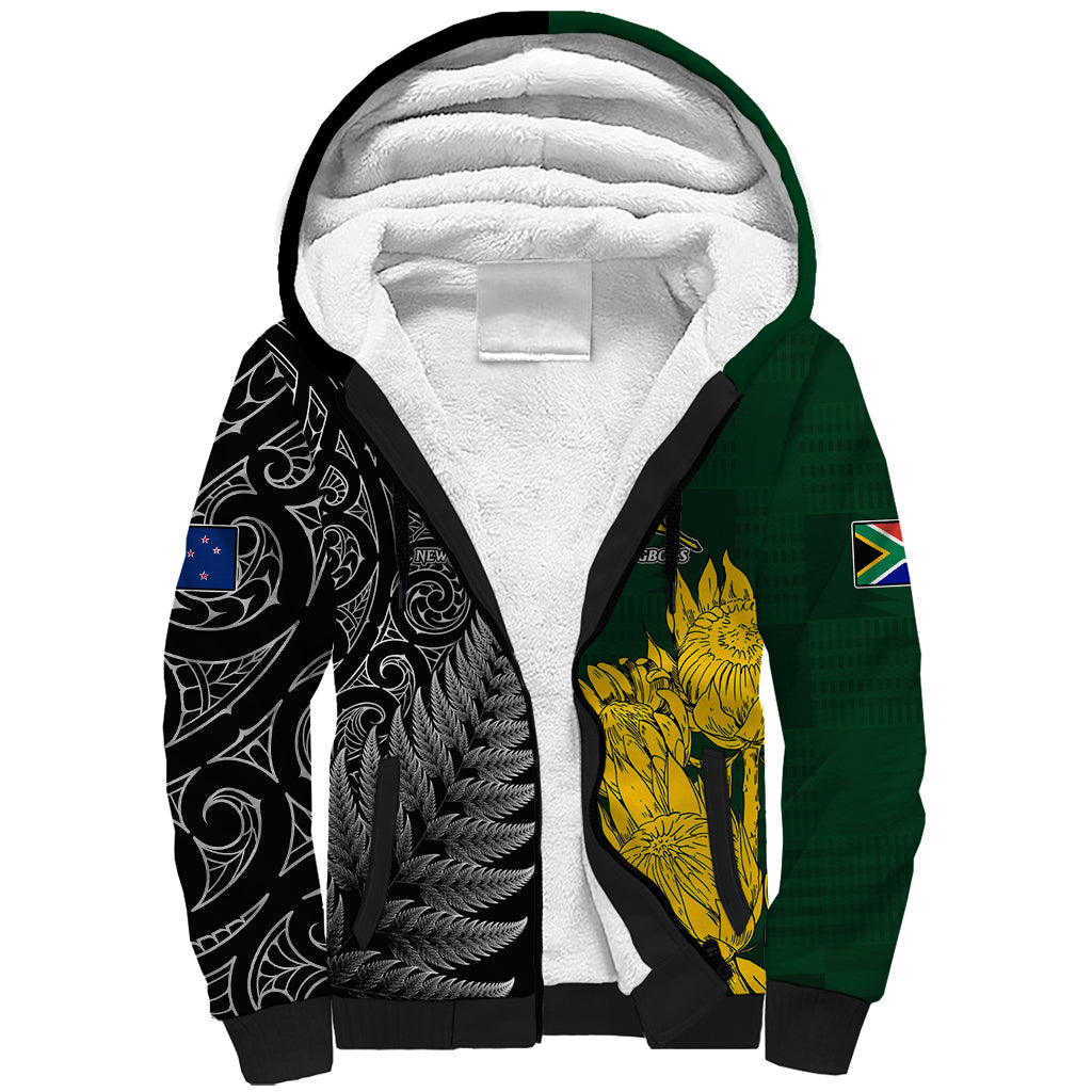 Personalised New Zealand Mix South Africa Rugby Sherpa Hoodie Protea Vs. Silver Ferns LT7 Unisex Art - Polynesian Pride