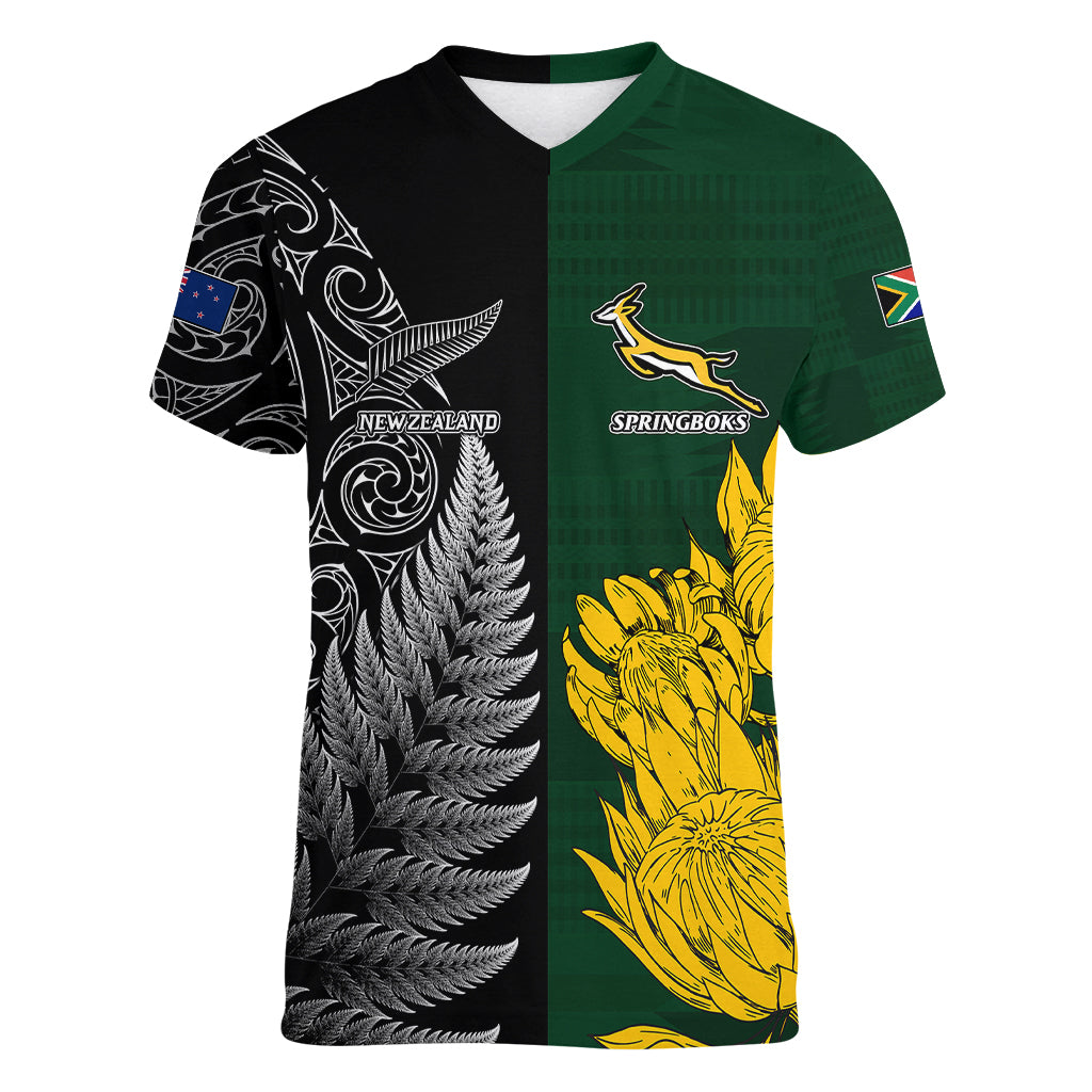 Personalised New Zealand Mix South Africa Rugby Women V Neck T Shirt Protea Vs. Silver Ferns LT7 Female Art - Polynesian Pride