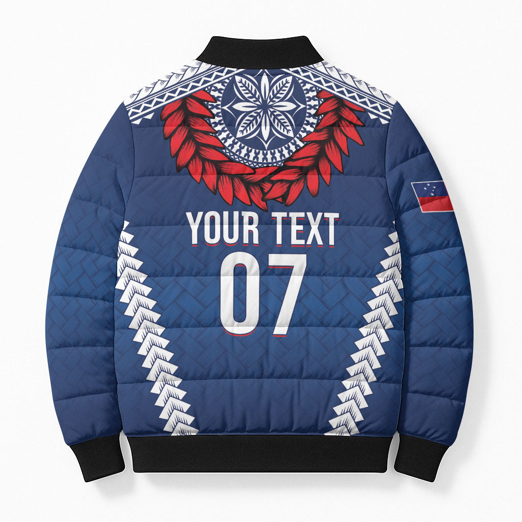 Manu Samoa Rugby Custom Navy Blue Bomber Puffer Jacket ʻIe Toga Pattern With Red Ula fala LT7 - Polynesian Pride