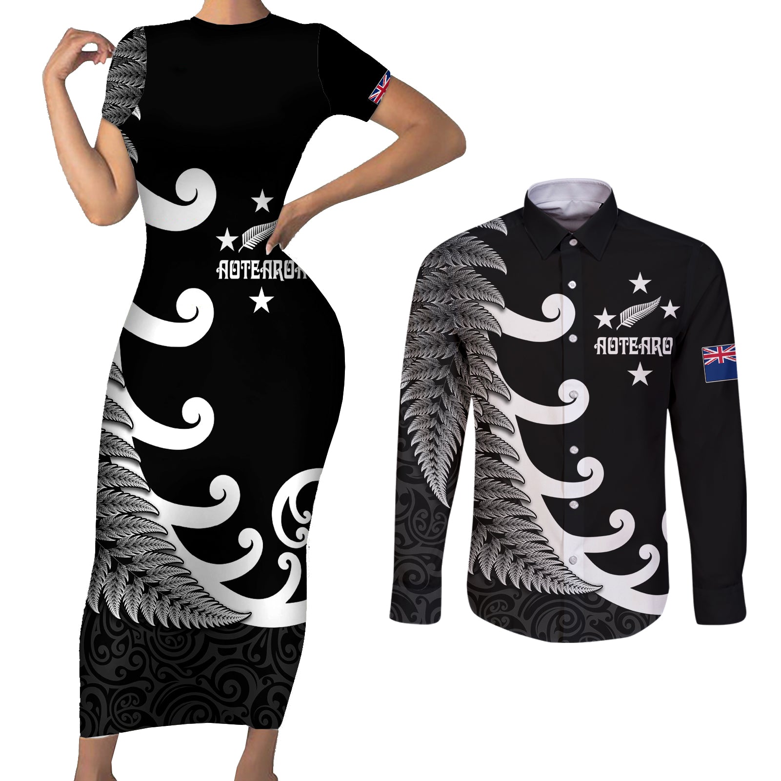 Personalised New Zealand Rugby Couples Matching Short Sleeve Bodycon Dress and Long Sleeve Button Shirts Aotearoa Silver Fern Koru Maori Style LT7 Black - Polynesian Pride