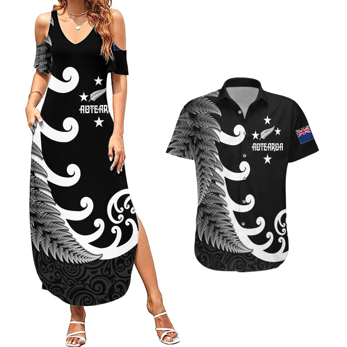 Personalised New Zealand Rugby Couples Matching Summer Maxi Dress and Hawaiian Shirt Aotearoa Silver Fern Koru Maori Style LT7 Black - Polynesian Pride