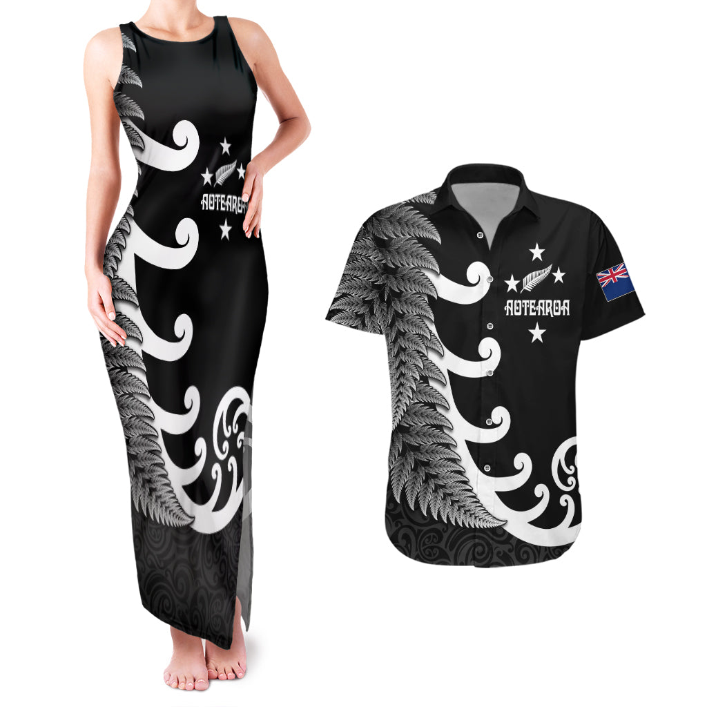 Personalised New Zealand Rugby Couples Matching Tank Maxi Dress and Hawaiian Shirt Aotearoa Silver Fern Koru Maori Style LT7 Black - Polynesian Pride