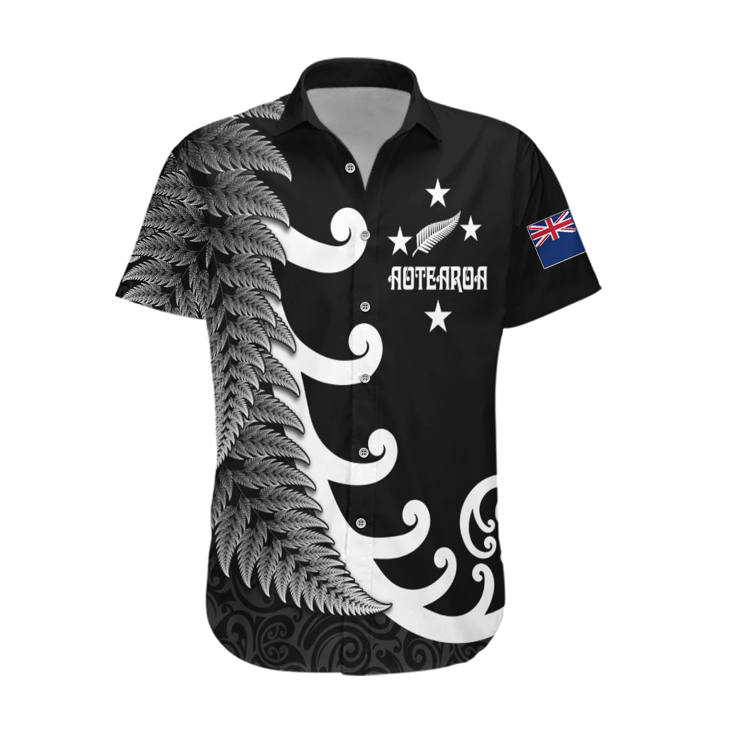 Personalised New Zealand Rugby Hawaiian Shirt Aotearoa Silver Fern Koru Maori Style LT7 Black - Polynesian Pride