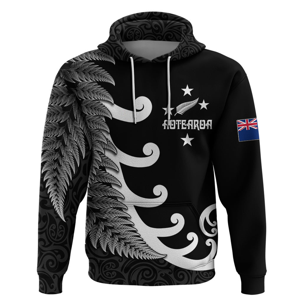 Personalised New Zealand Rugby Hoodie Aotearoa Silver Fern Koru Maori Style LT7 Black - Polynesian Pride