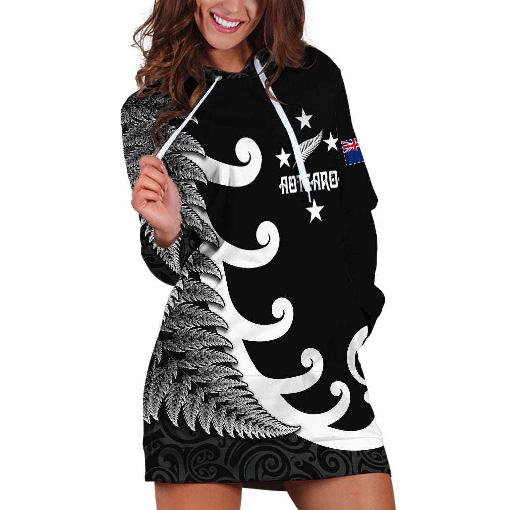 Personalised New Zealand Rugby Hoodie Dress Aotearoa Silver Fern Koru Maori Style LT7 Black - Polynesian Pride