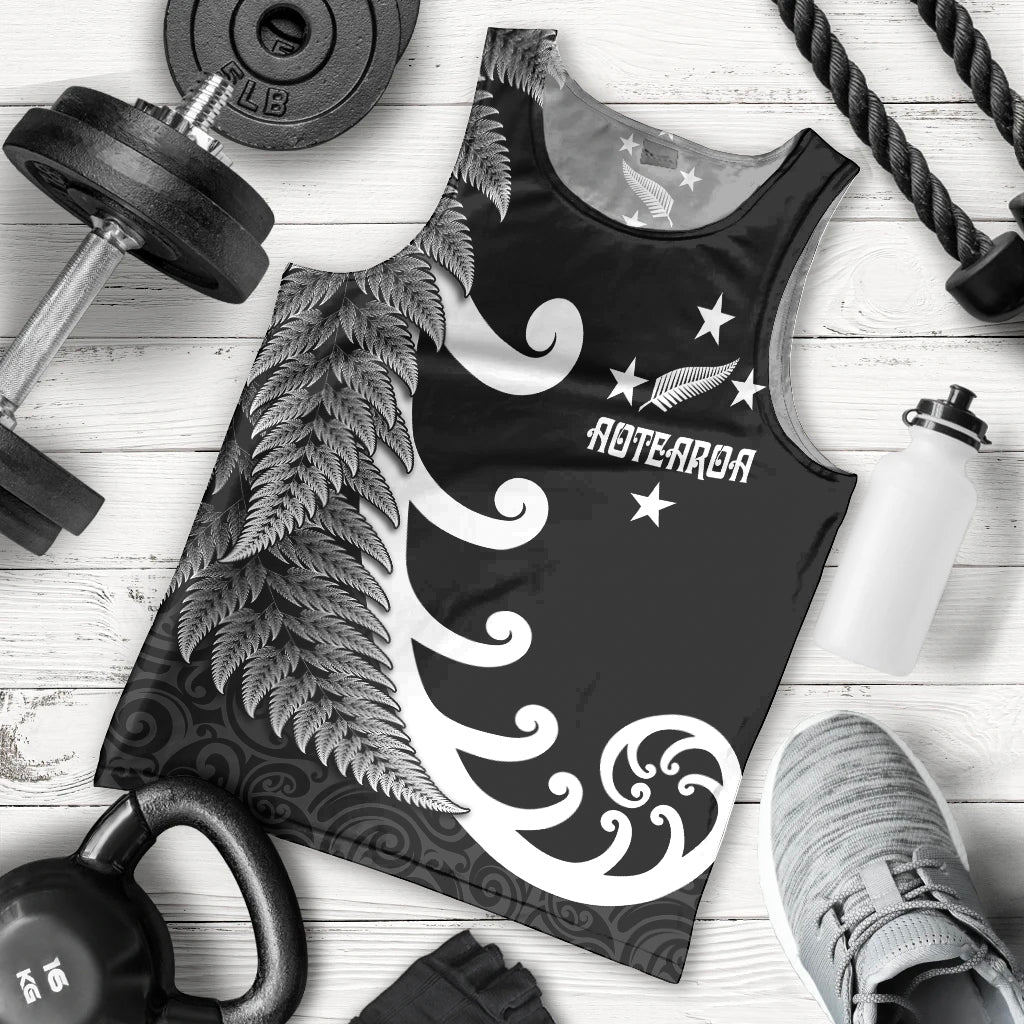 Personalised New Zealand Rugby Men Tank Top Aotearoa Silver Fern Koru Maori Style LT7 Black - Polynesian Pride