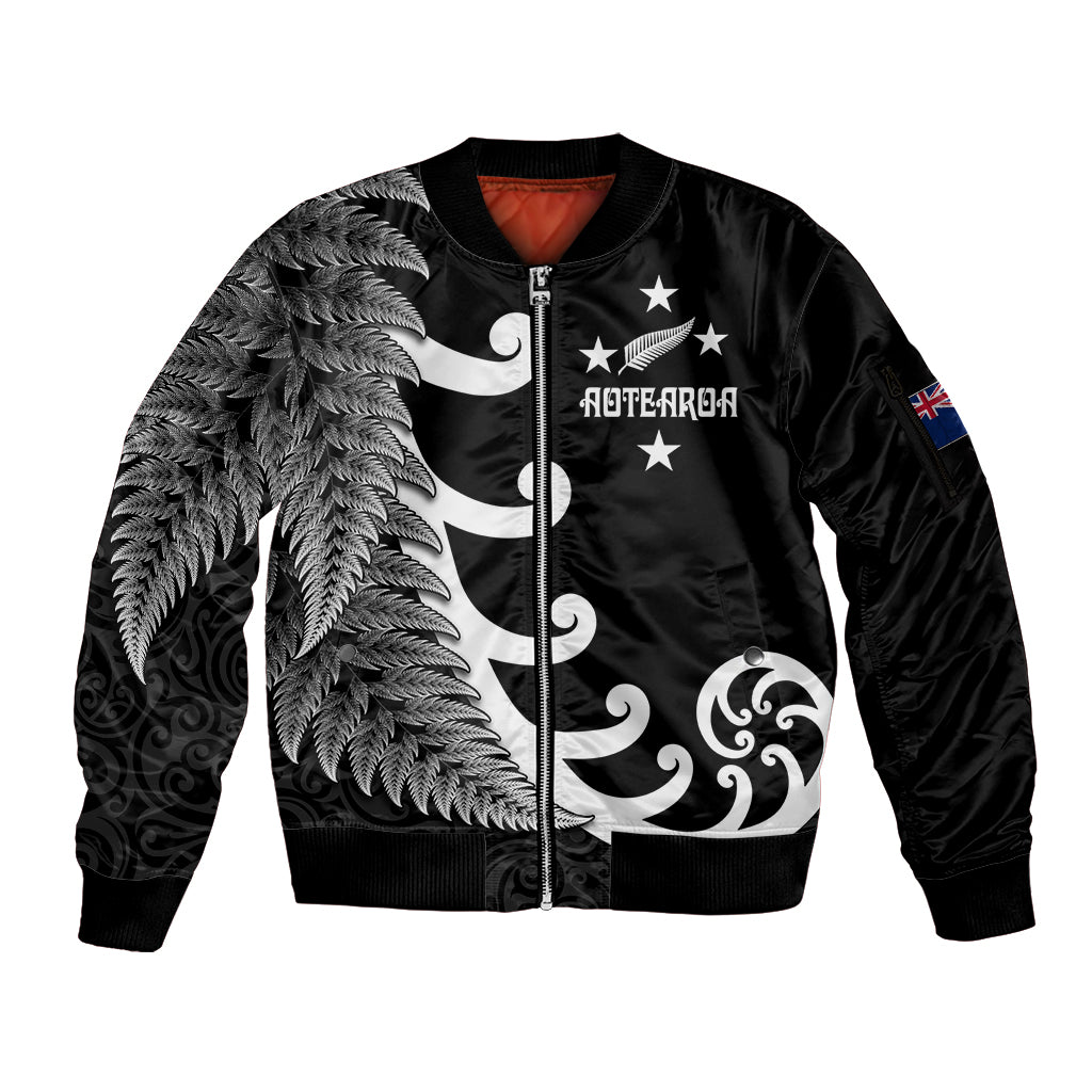 Personalised New Zealand Rugby Sleeve Zip Bomber Jacket Aotearoa Silver Fern Koru Maori Style LT7 Unisex Black - Polynesian Pride