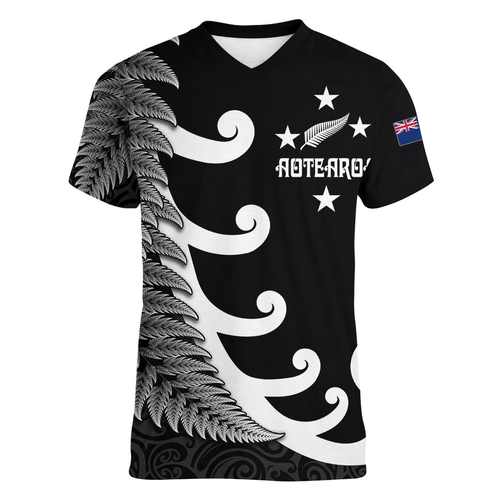 Personalised New Zealand Rugby Women V Neck T Shirt Aotearoa Silver Fern Koru Maori Style LT7 Female Black - Polynesian Pride