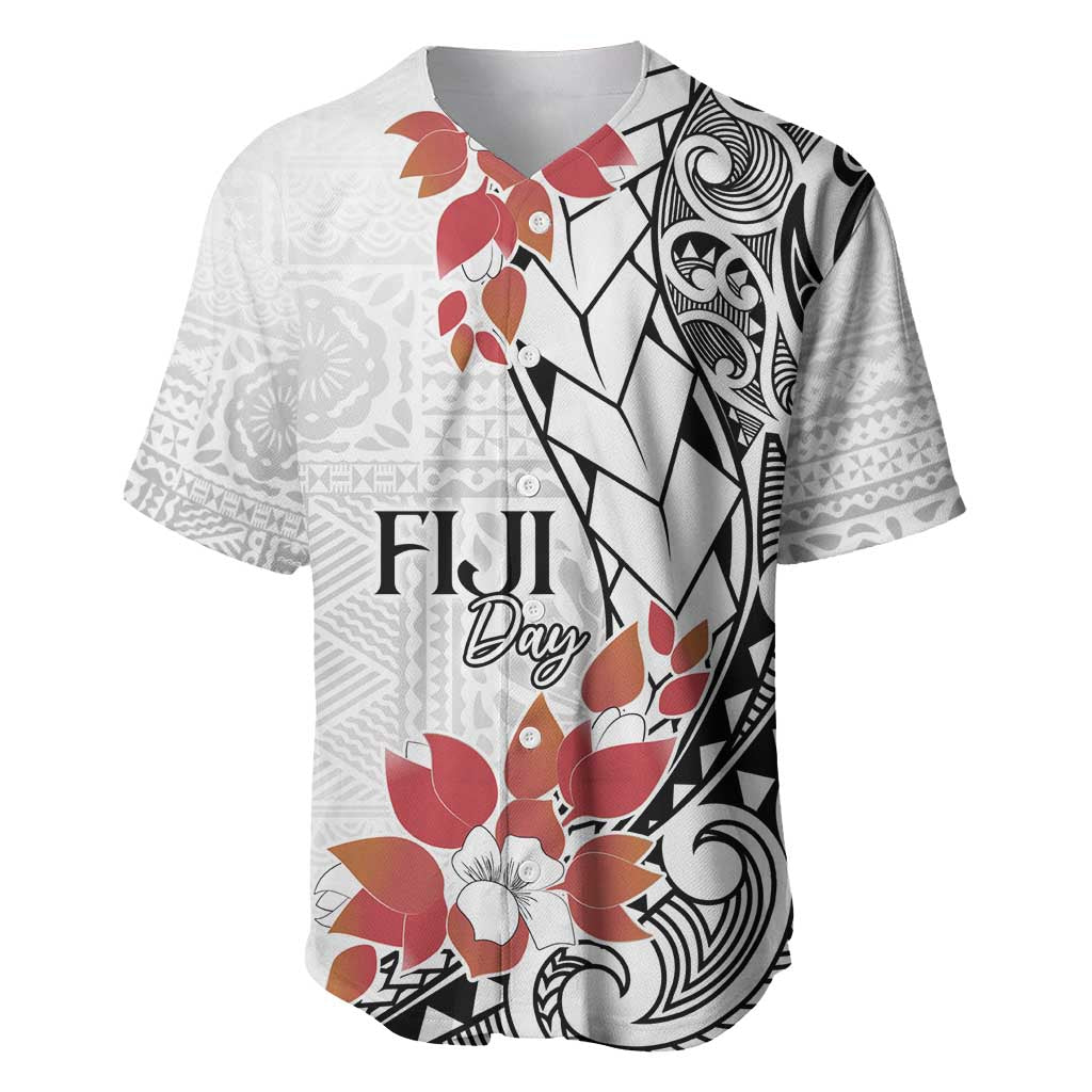 Bula Fiji Day Baseball Jersey Tagimaucia on Masi Pattern LT7 White - Polynesian Pride