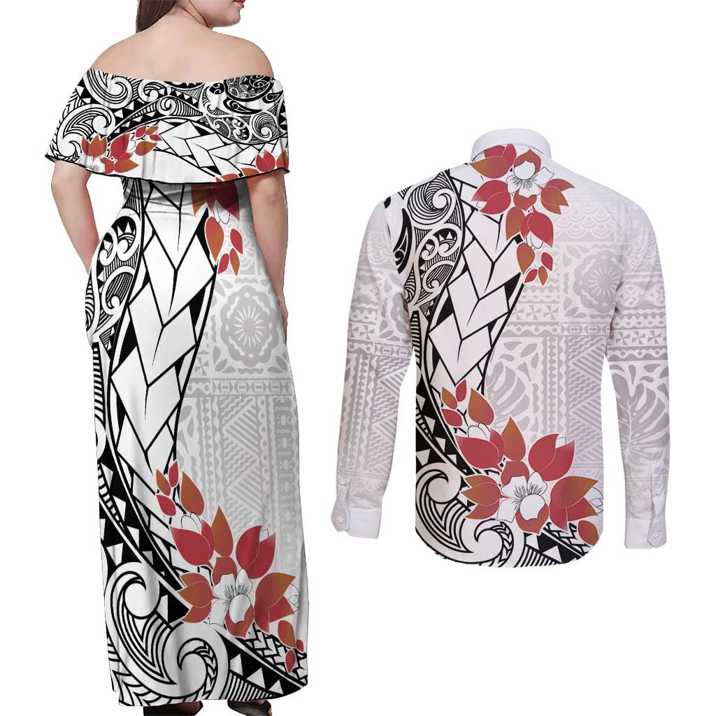 Bula Fiji Day Couples Matching Off Shoulder Maxi Dress and Long Sleeve Button Shirt Tagimaucia on Masi Pattern LT7 - Polynesian Pride