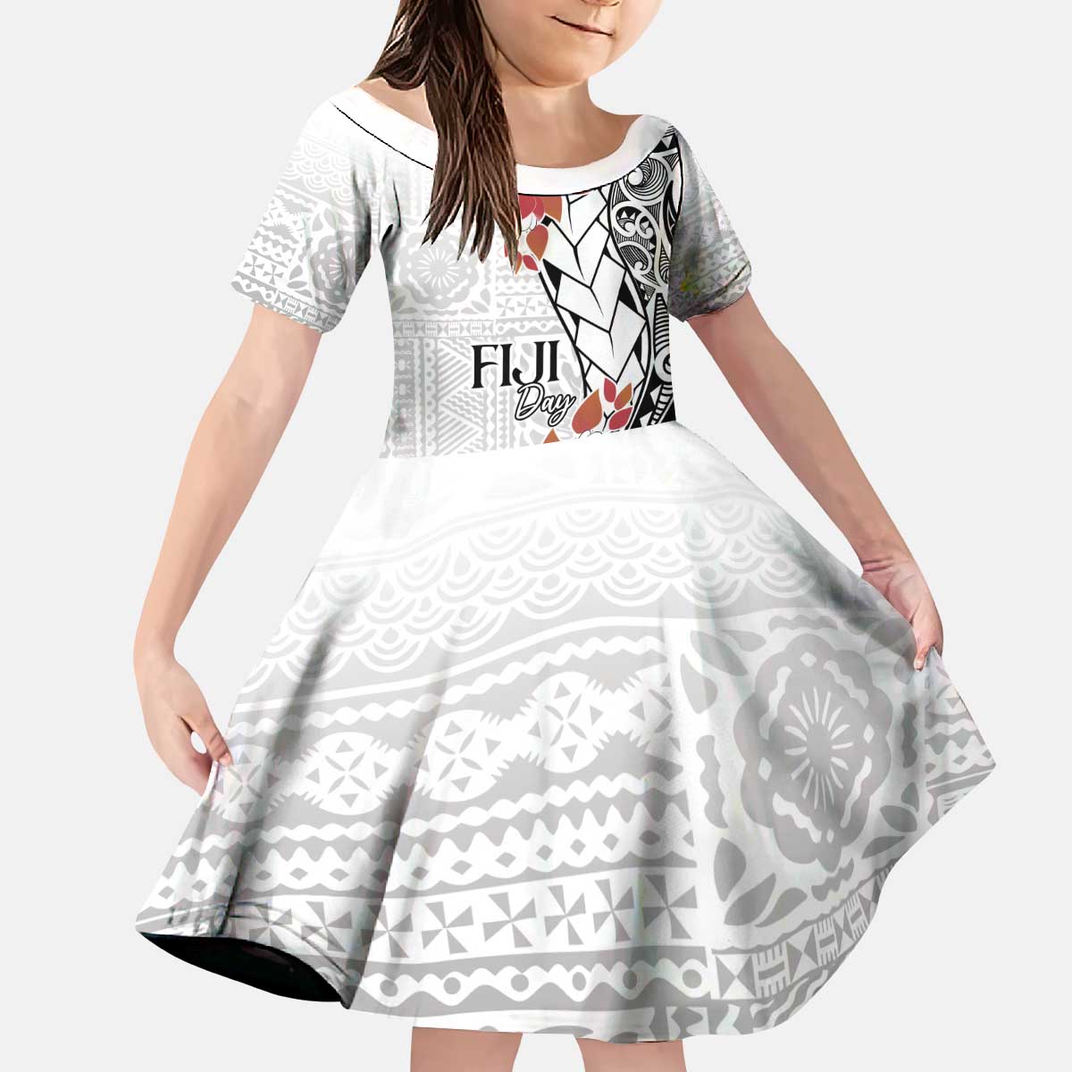 Bula Fiji Day Kid Short Sleeve Dress Tagimaucia on Masi Pattern LT7 KID White - Polynesian Pride
