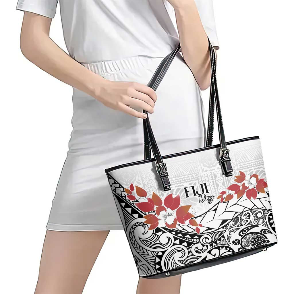 Bula Fiji Day Leather Tote Bag Tagimaucia on Masi Pattern LT7 - Polynesian Pride