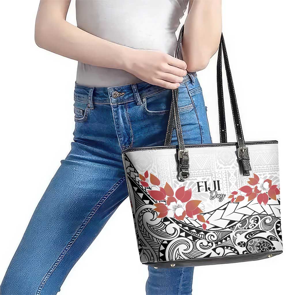 Bula Fiji Day Leather Tote Bag Tagimaucia on Masi Pattern LT7 - Polynesian Pride