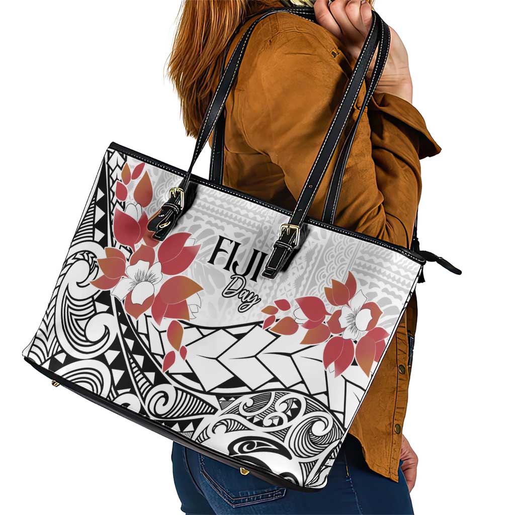 Bula Fiji Day Leather Tote Bag Tagimaucia on Masi Pattern LT7 - Polynesian Pride
