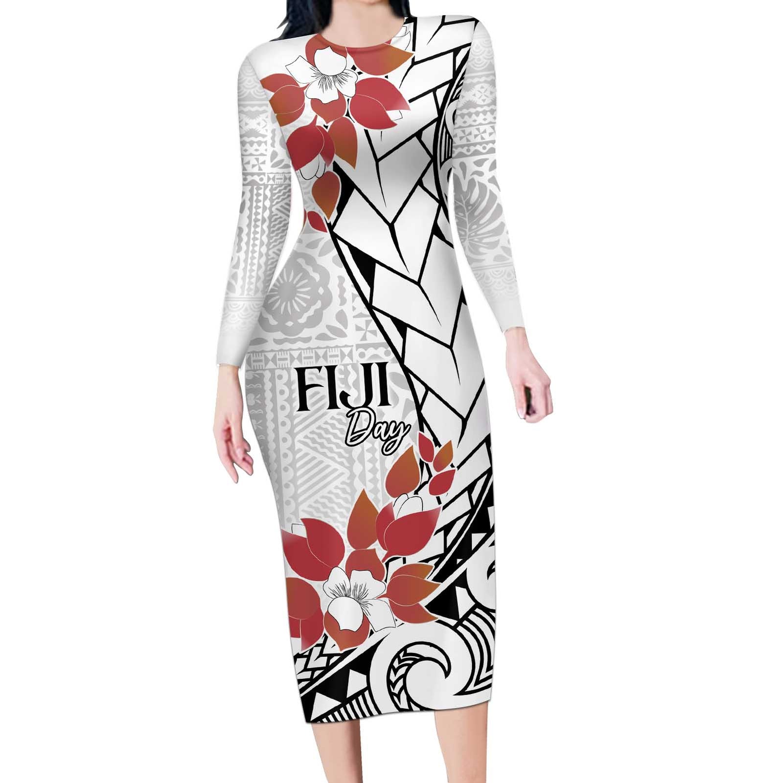 Bula Fiji Day Long Sleeve Bodycon Dress Tagimaucia on Masi Pattern LT7 Long Dress White - Polynesian Pride