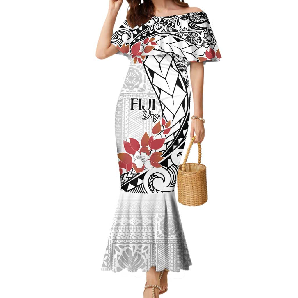 Bula Fiji Day Mermaid Dress Tagimaucia on Masi Pattern LT7 Women White - Polynesian Pride
