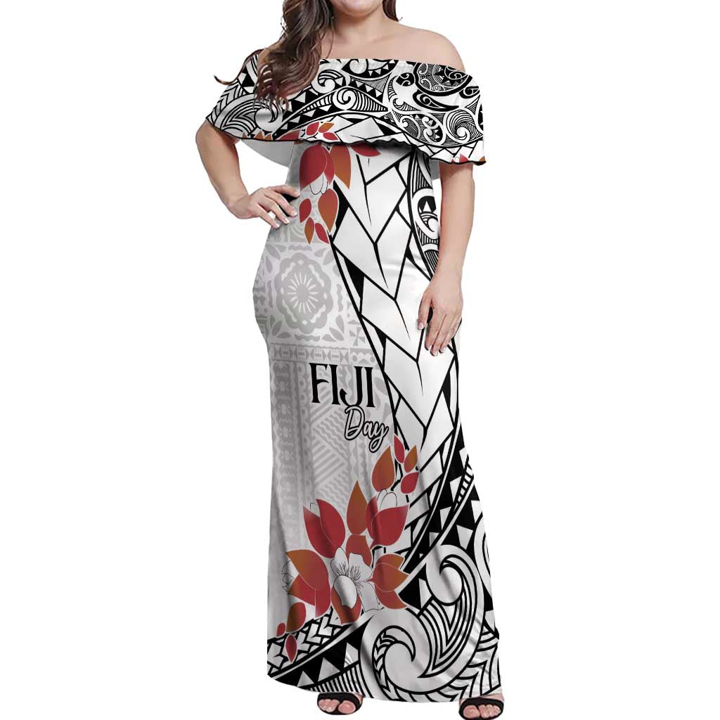 Bula Fiji Day Off Shoulder Maxi Dress Tagimaucia on Masi Pattern LT7 Women White - Polynesian Pride