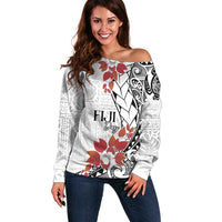 Bula Fiji Day Off Shoulder Sweater Tagimaucia on Masi Pattern LT7 Women White - Polynesian Pride