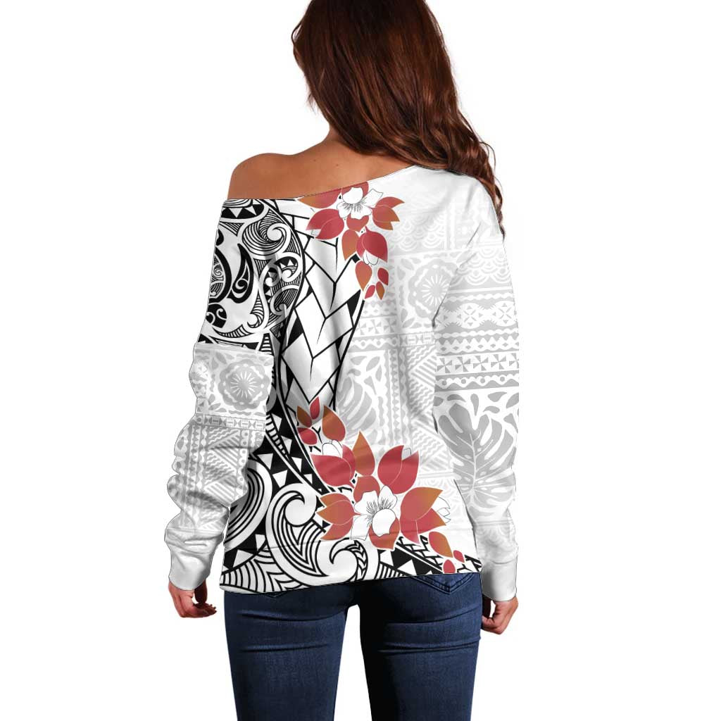 Bula Fiji Day Off Shoulder Sweater Tagimaucia on Masi Pattern LT7 - Polynesian Pride