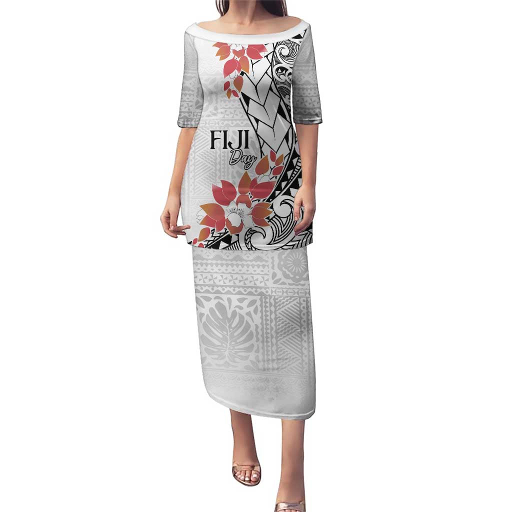 Bula Fiji Day Puletasi Tagimaucia on Masi Pattern LT7 Long Dress White - Polynesian Pride