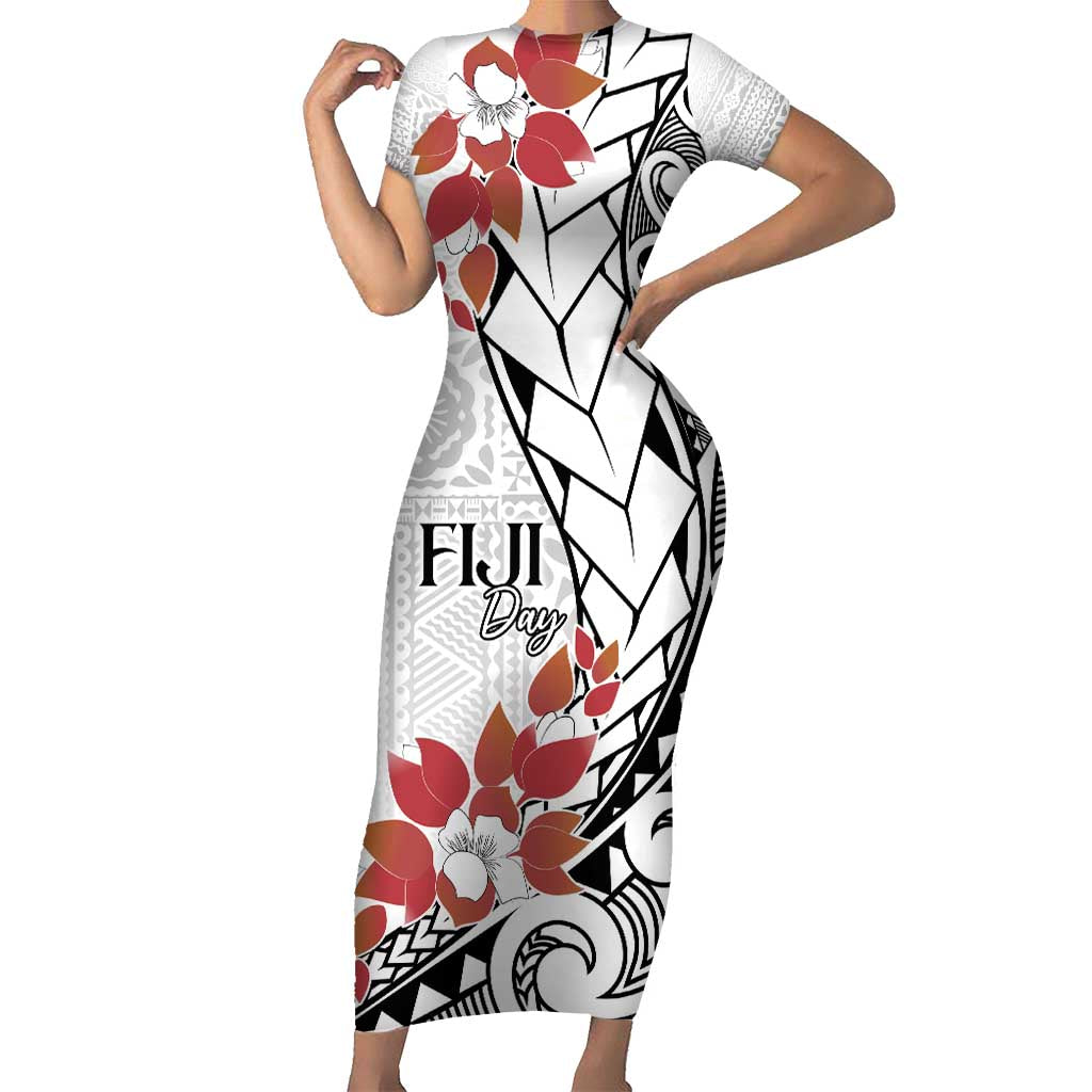 Bula Fiji Day Short Sleeve Bodycon Dress Tagimaucia on Masi Pattern LT7 Long Dress White - Polynesian Pride