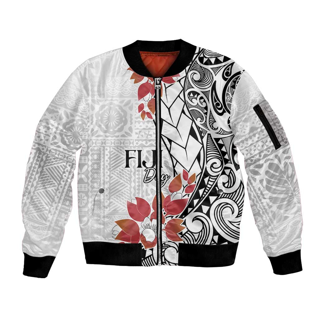 Bula Fiji Day Sleeve Zip Bomber Jacket Tagimaucia on Masi Pattern LT7 Unisex White - Polynesian Pride