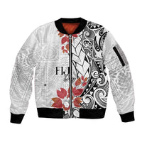 Bula Fiji Day Sleeve Zip Bomber Jacket Tagimaucia on Masi Pattern LT7 Unisex White - Polynesian Pride