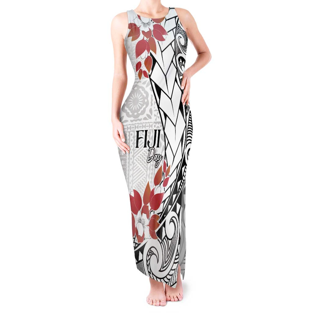 Bula Fiji Day Tank Maxi Dress Tagimaucia on Masi Pattern LT7 Women White - Polynesian Pride