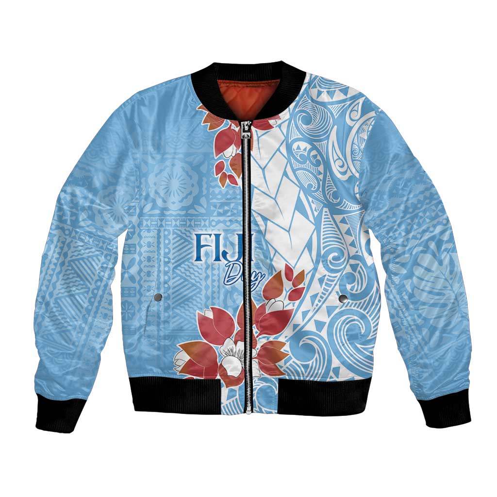Bula Fiji Day Bomber Jacket Tagimaucia on Masi Pattern - Turquoise LT7 Unisex Turquoise - Polynesian Pride