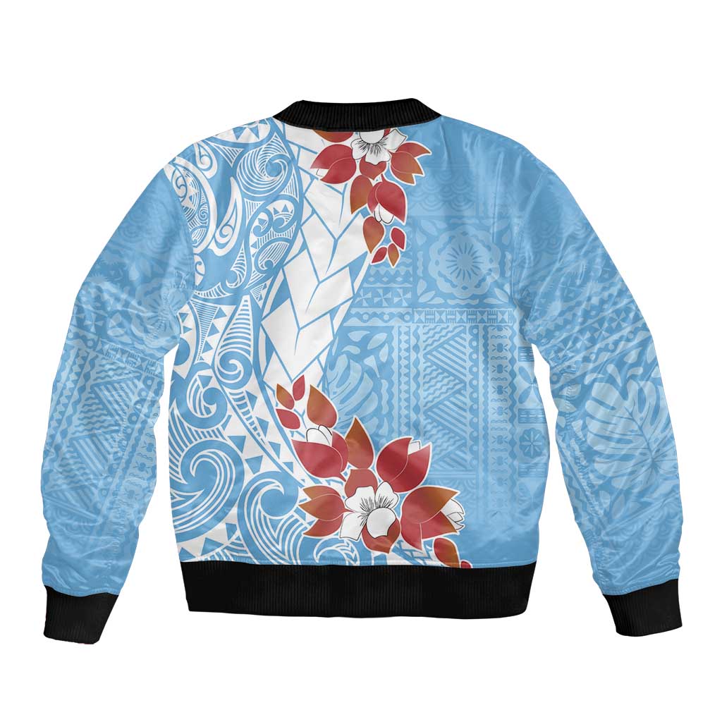 Bula Fiji Day Bomber Jacket Tagimaucia on Masi Pattern - Turquoise LT7 - Polynesian Pride